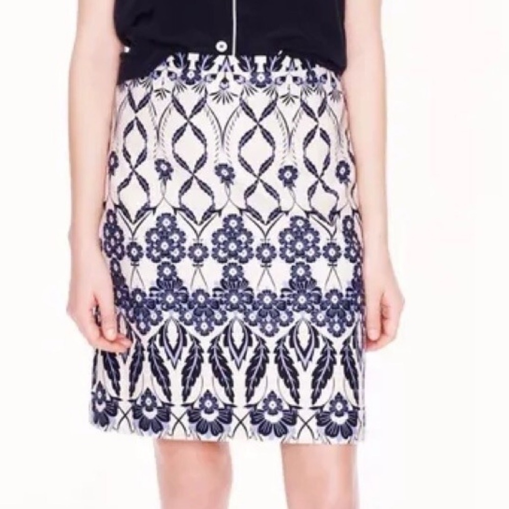 J. Crew Trellis Skirt Blue & White Floral Scroll Mini A-Line Skirt Size 10